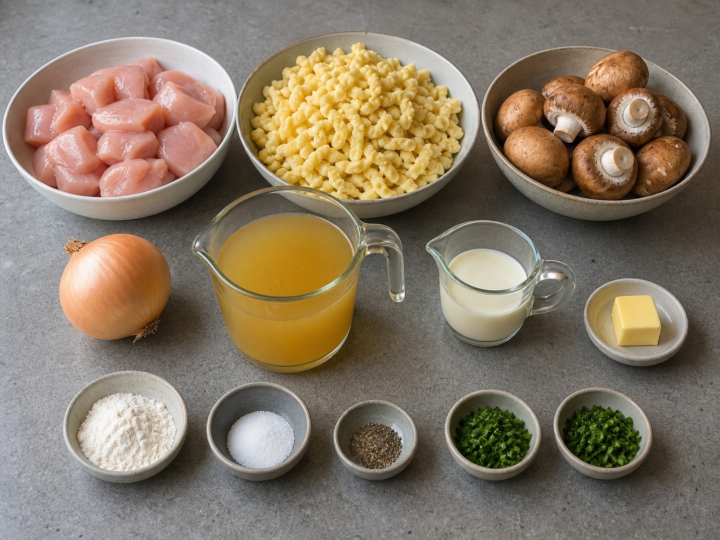 Spätzle Ayam dan Jamur Jerman: 500 g ayam, 500 g spätzle segar, 300 g jamur, 1 buah bawang bombai, 250 ml kaldu ayam, 100 ml krim masak, 30 g mentega, 1 sdm tepung terigu serbaguna, 1 sdt garam, 1/2 sdt Lada hitam, 2 sdm peterseli