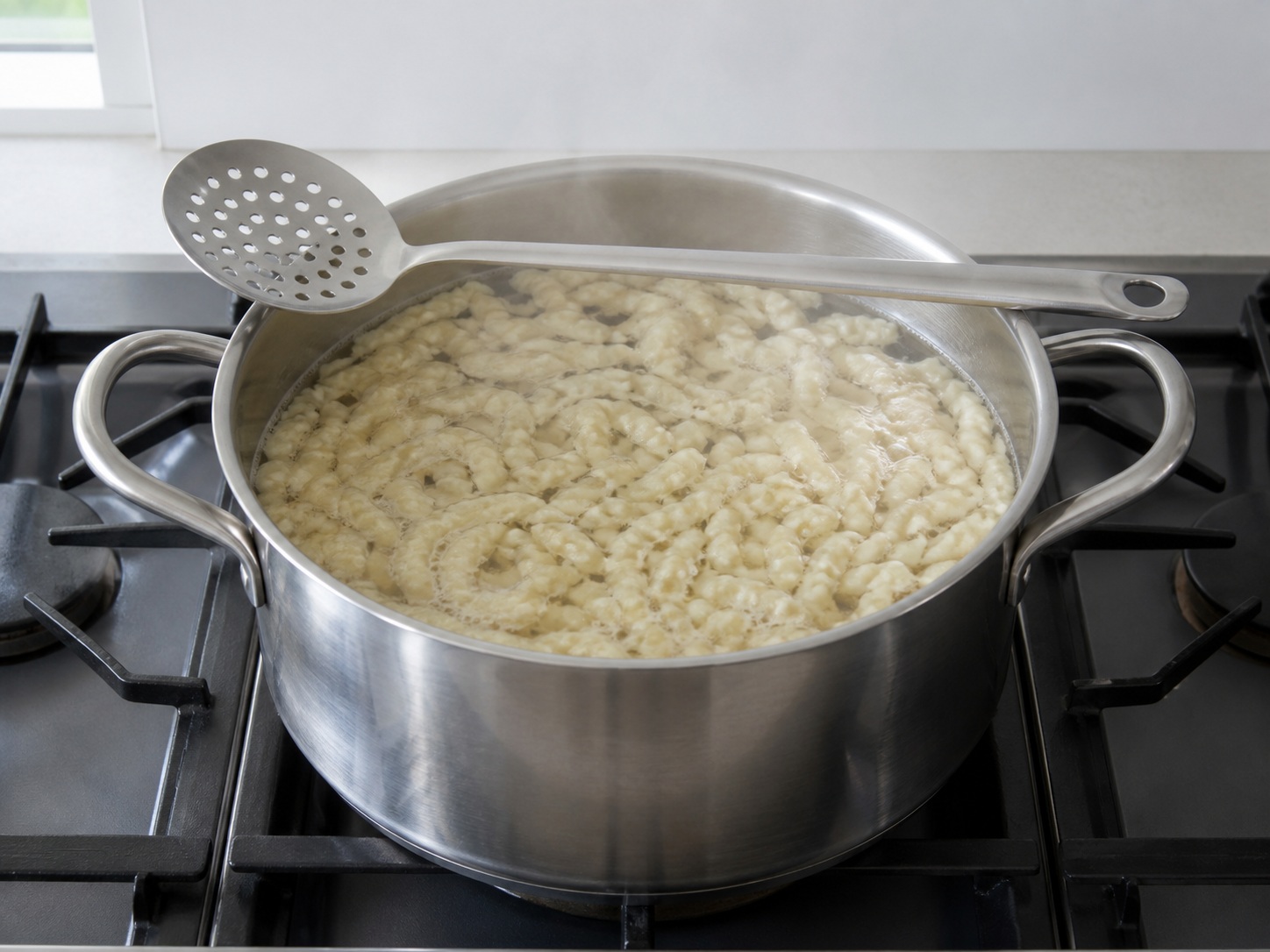 Masak spätzle hingga empuk: Masak spätzle hingga empuk. Gunakan bahan yang tercantum dan alat rumah tangga yang sesuai secara berurutan; pastikan kondisi bahan sesuai tahap ini sebelum lanjut.