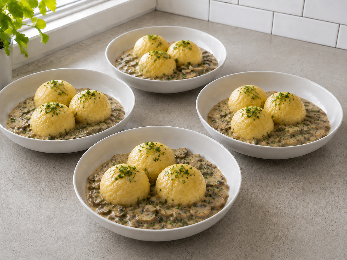 German Potato Dumplings na may Mushroom Ragout — finished dish