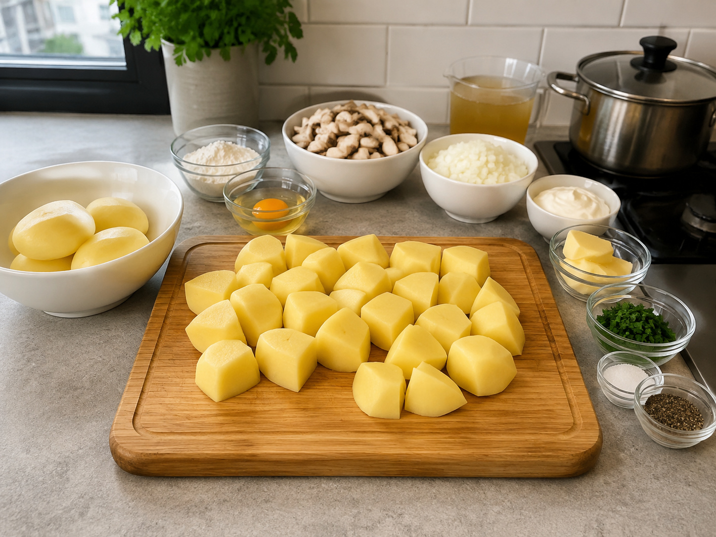 German Potato Dumplings na may Mushroom Ragout — Balatan at hiwain nang pantay ang patatas