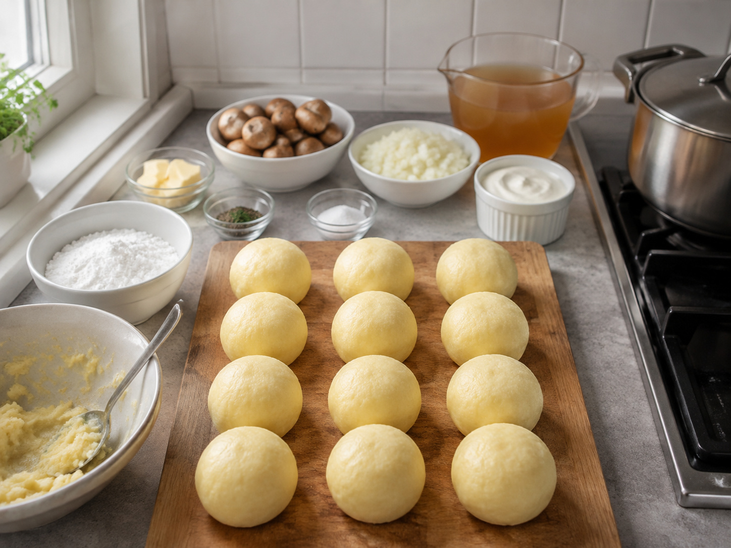 German Potato Dumplings na may Mushroom Ragout — Hubugin ang labindalawang magkakapantay na potato dumpling
