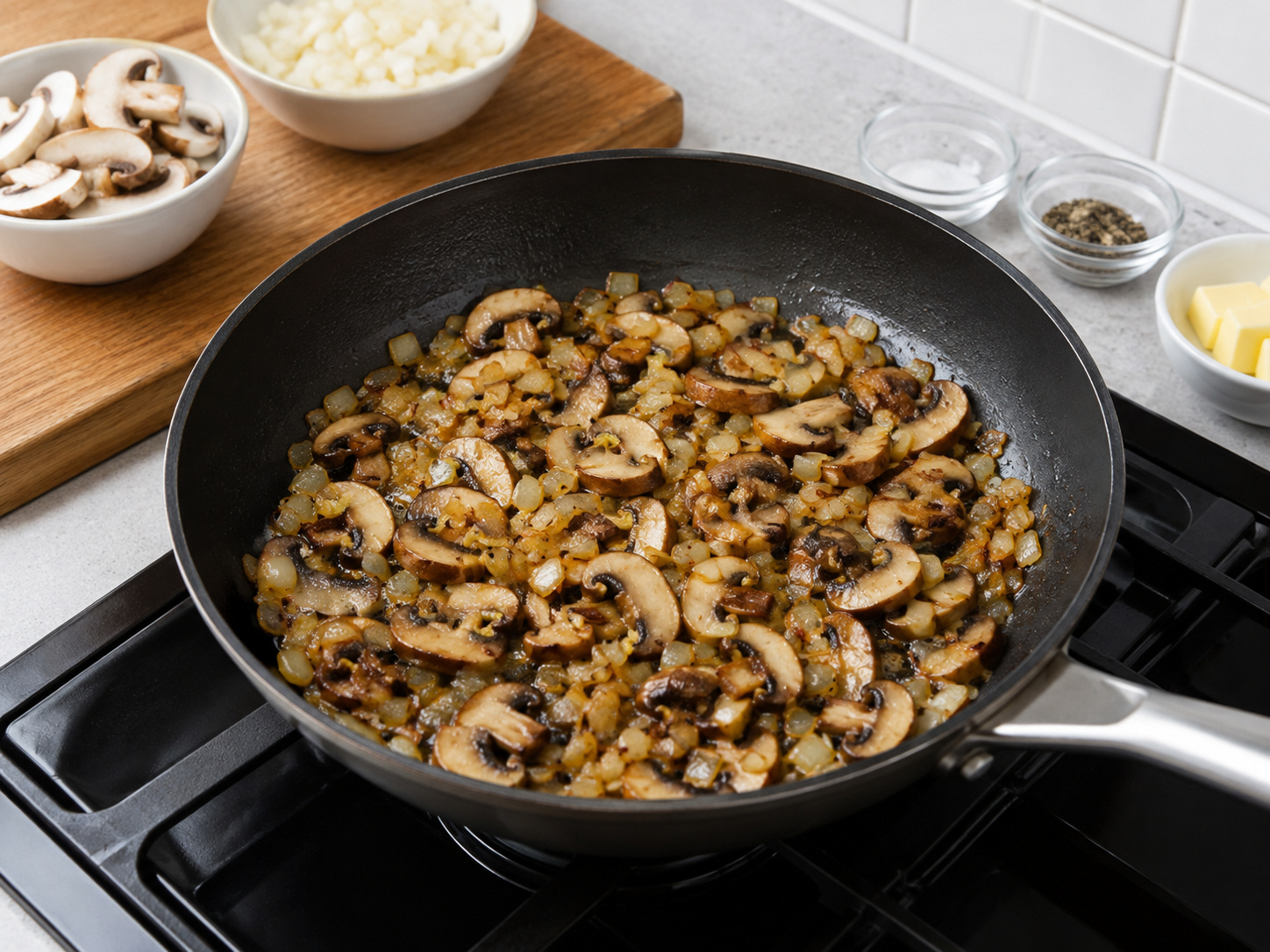 German Potato Dumplings na may Mushroom Ragout — Igisa ang sibuyas at kabute sa mantikilya hanggang kayumanggi