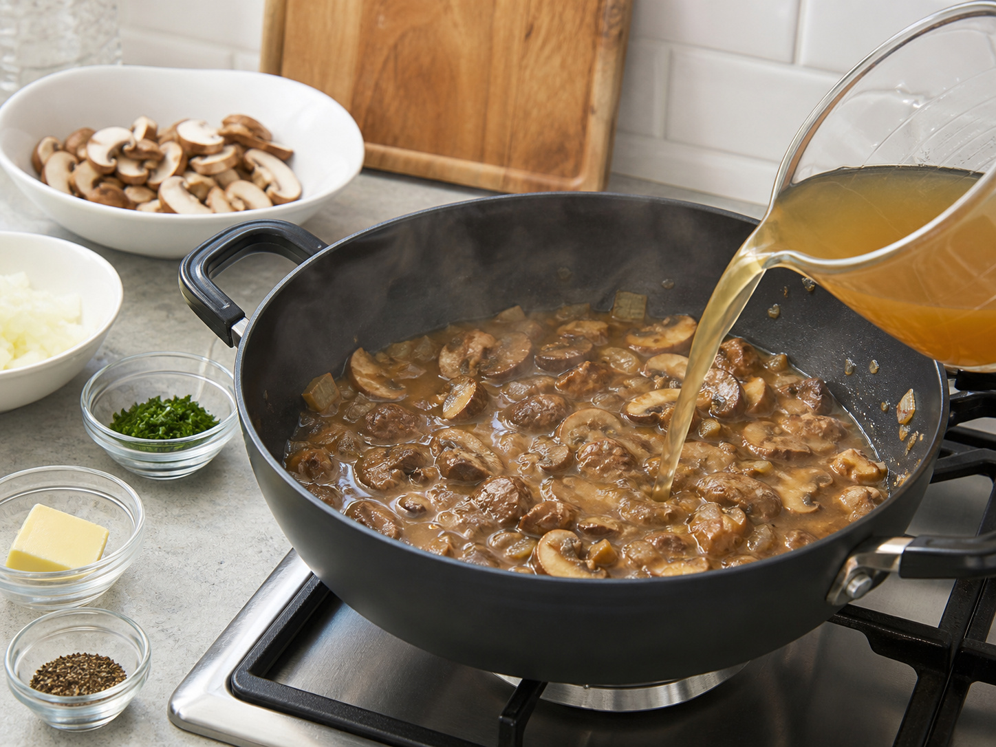 German Potato Dumplings na may Mushroom Ragout — Idagdag ang sabaw at pakuluan ang mushroom ragout