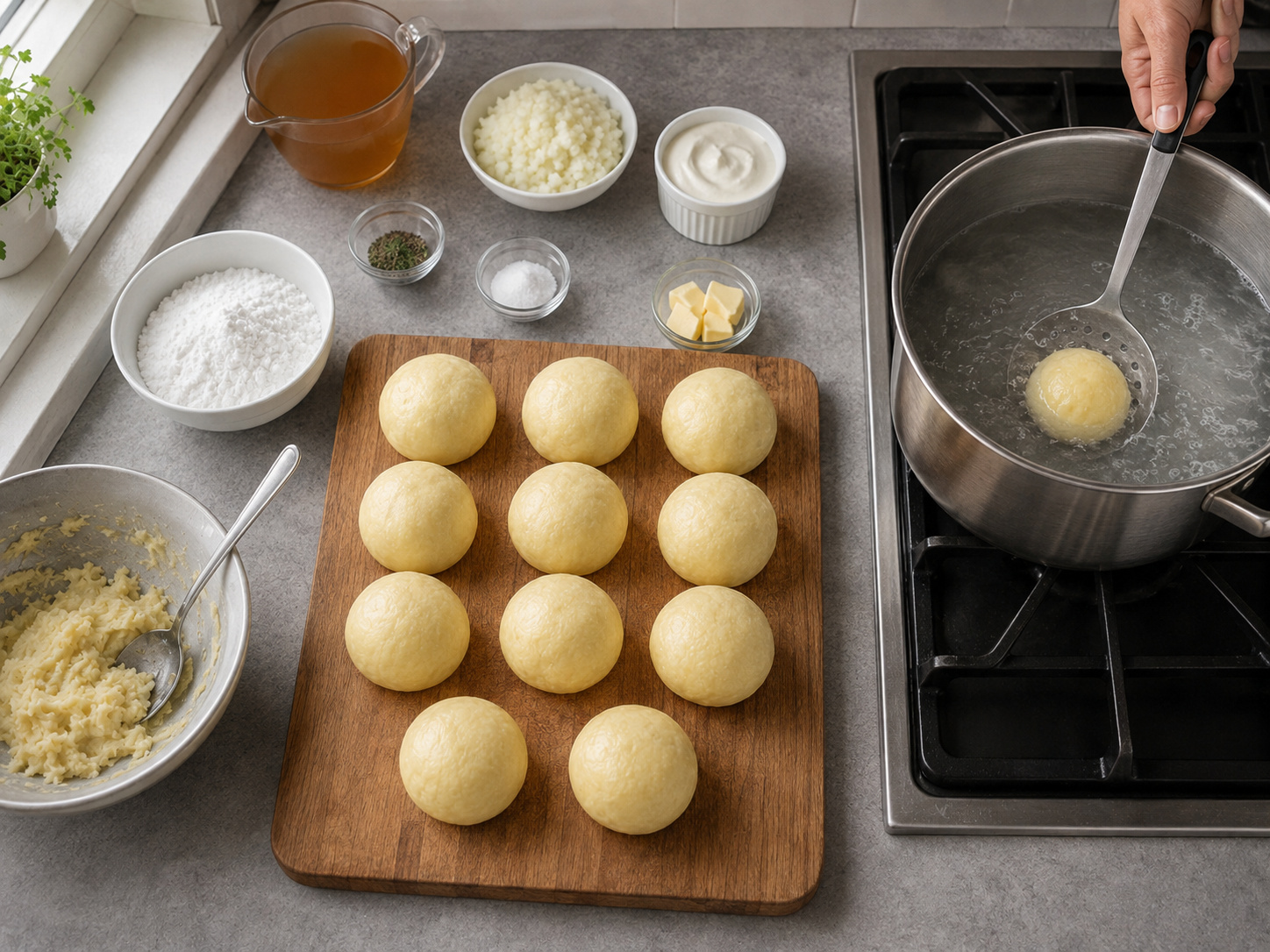 German Potato Dumplings na may Mushroom Ragout — Ihulog ang dumpling sa marahang kumukulong tubig na may asin