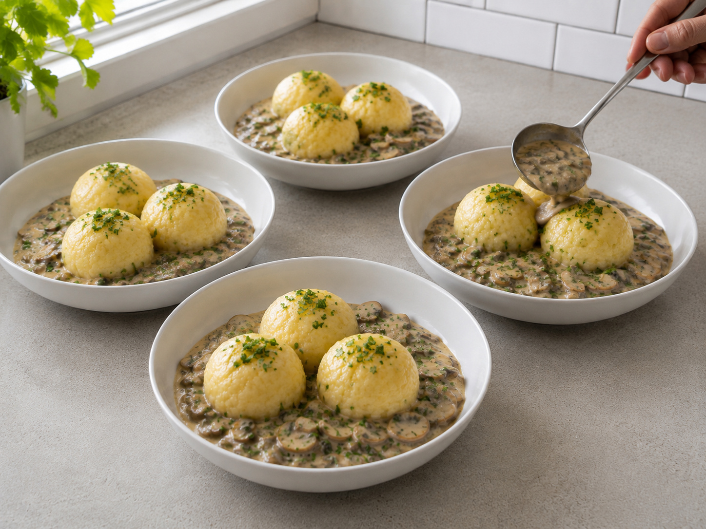 German Potato Dumplings na may Mushroom Ragout — Ihalo ang sour cream at parsley at ihain kasama ng dumpling