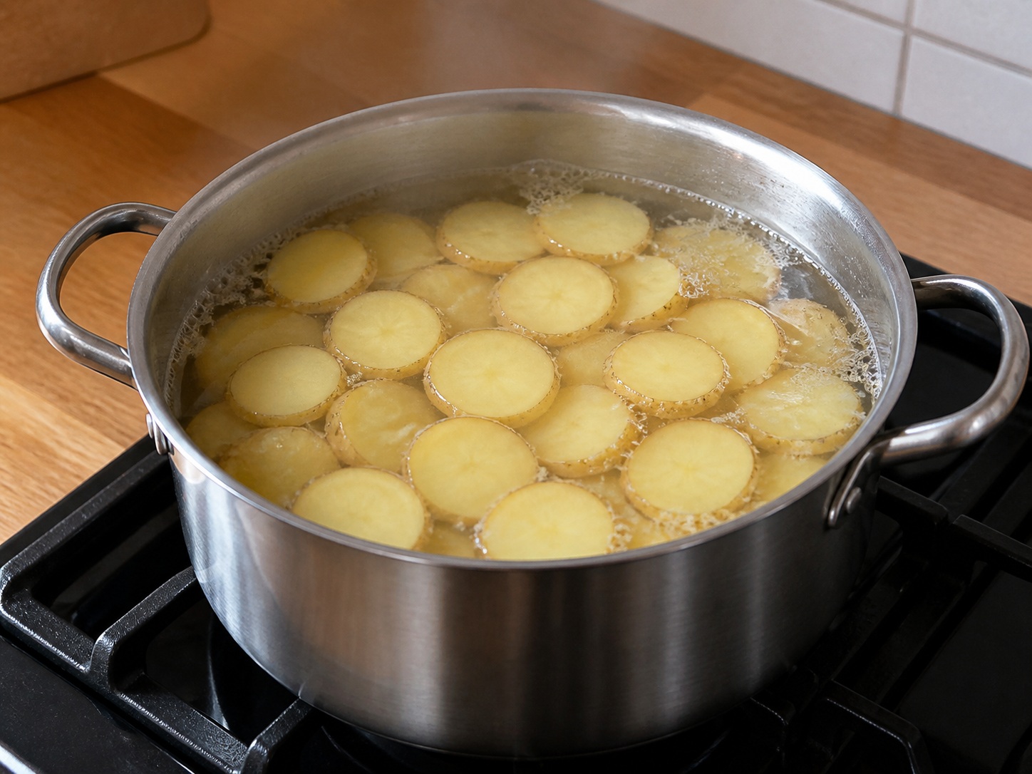 Rebus kentang setengah matang: Rebus kentang setengah matang. Gunakan bahan yang tercantum dan alat rumah tangga yang sesuai secara berurutan; pastikan kondisi bahan sesuai tahap ini sebelum lanjut.