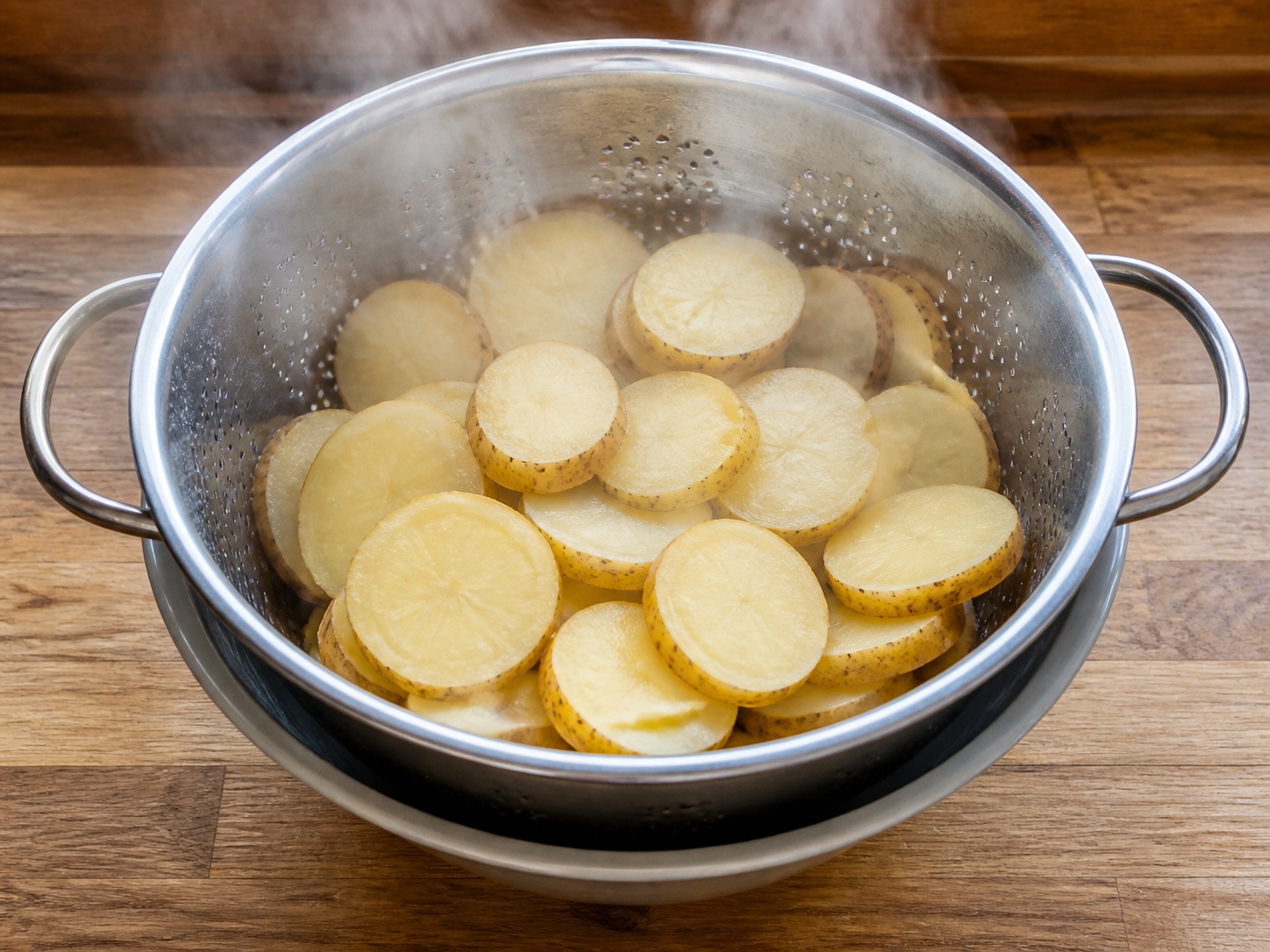 Tiriskan dan keringkan kentang: Tiriskan dan keringkan kentang. Gunakan bahan yang tercantum dan alat rumah tangga yang sesuai secara berurutan; pastikan kondisi bahan sesuai tahap ini sebelum lanjut.