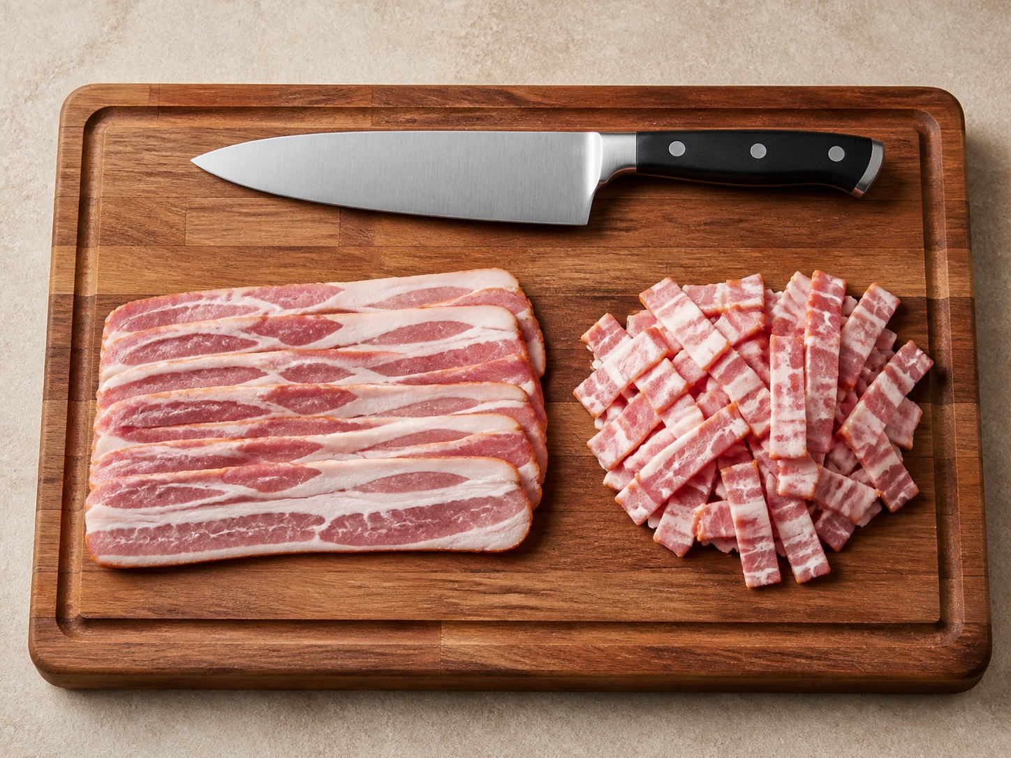 Potong bacon menjadi strip: Potong bacon menjadi strip. Gunakan bahan yang tercantum dan alat rumah tangga yang sesuai secara berurutan; pastikan kondisi bahan sesuai tahap ini sebelum lanjut.