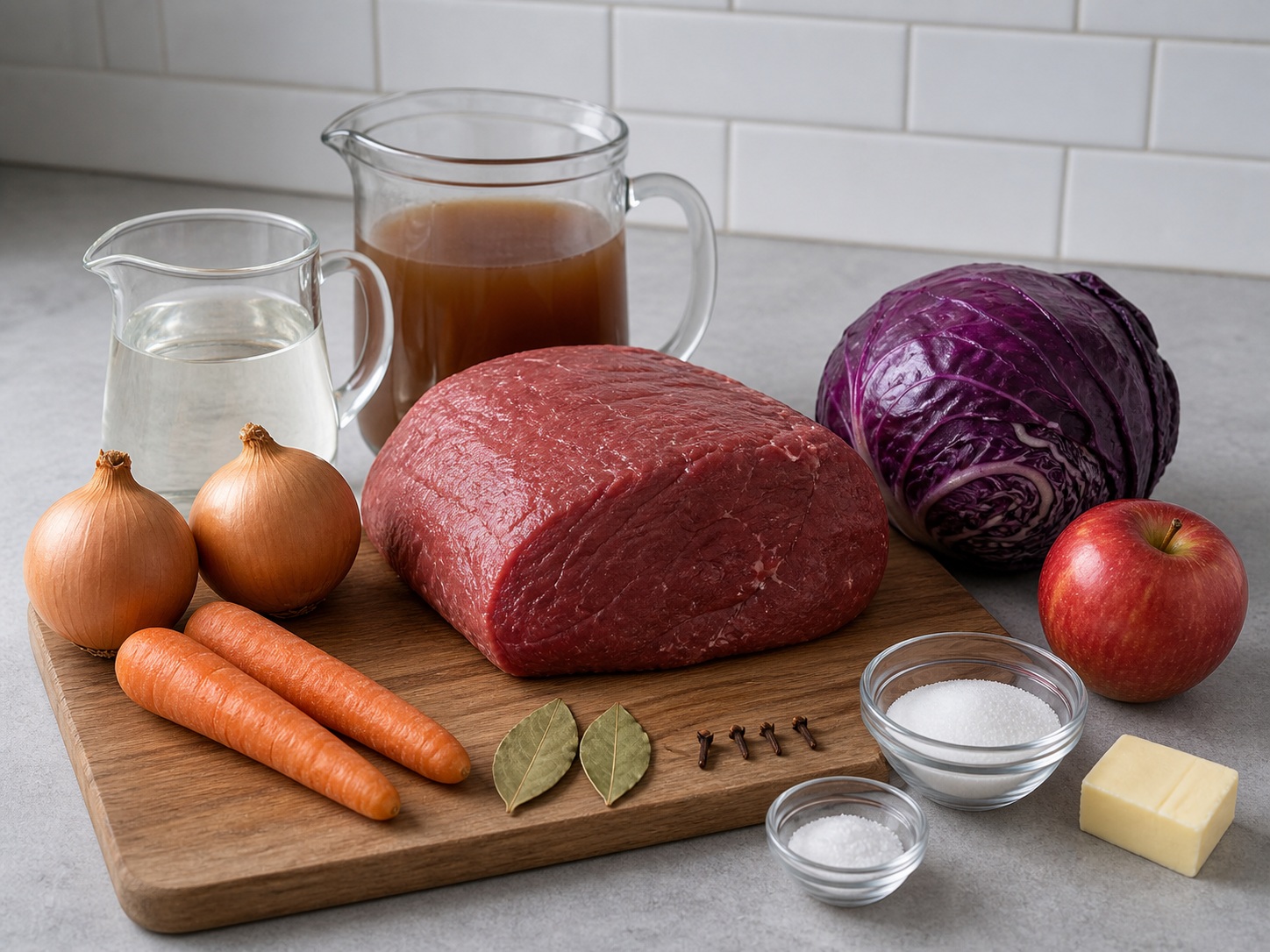 German Sauerbraten with Red Cabbage: 1000 g beef shoulder roasting joint, 250 ml white vinegar, 750 ml beef stock, 2 piece onion, 2 piece carrot, 2 piece bay leaf, 4 piece whole cloves, 700 g red cabbage, 1 piece apples, 2 tbsp sugar, 30 g butter, 1 tsp salt