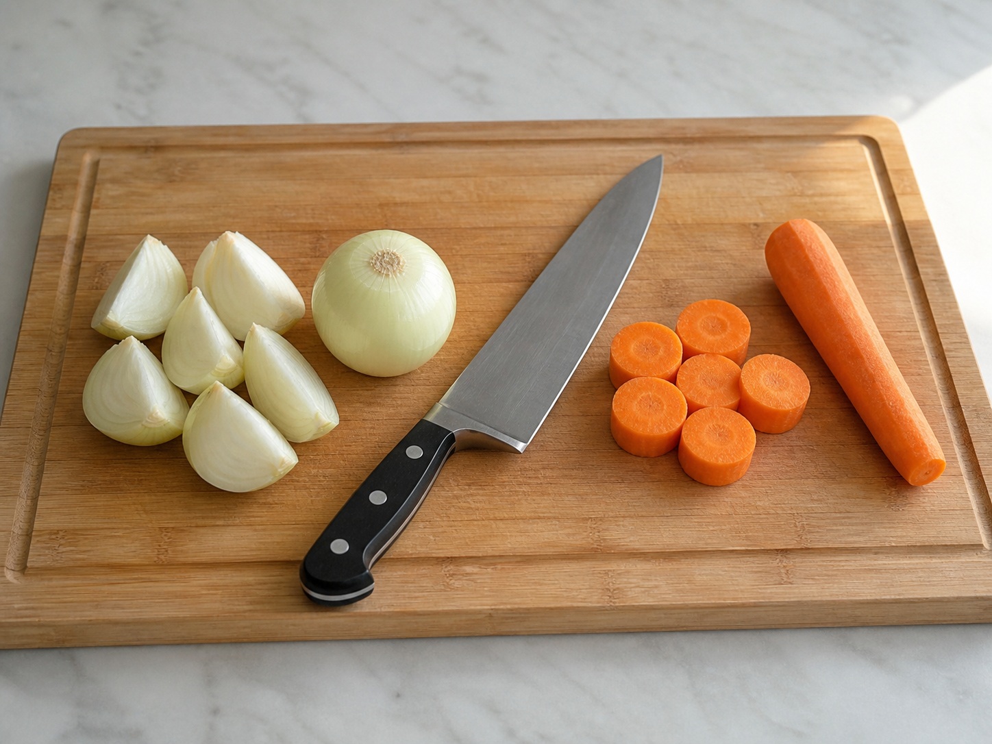 Prepare onion and carrots: Prepare onion and carrots. Use the listed ingredients and the appropriate household tool in order; confirm the food has reached the described state before continuing.