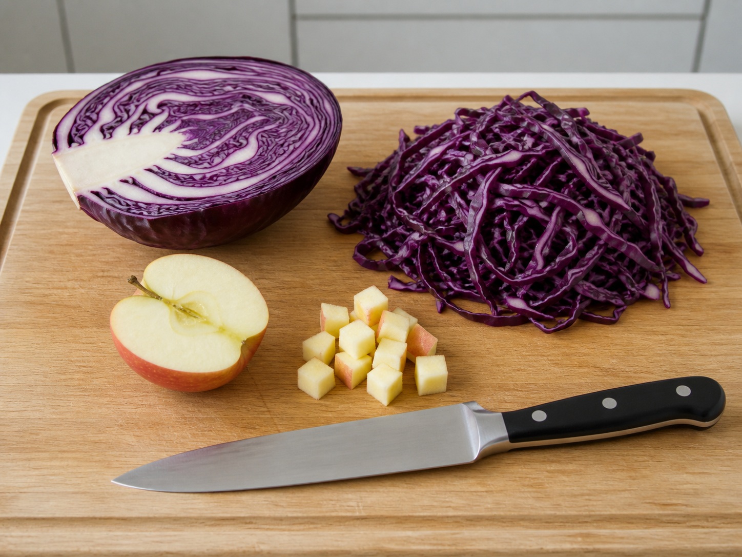 Slice cabbage and apple: Slice cabbage and apple. Use the listed ingredients and the appropriate household tool in order; confirm the food has reached the described state before continuing.