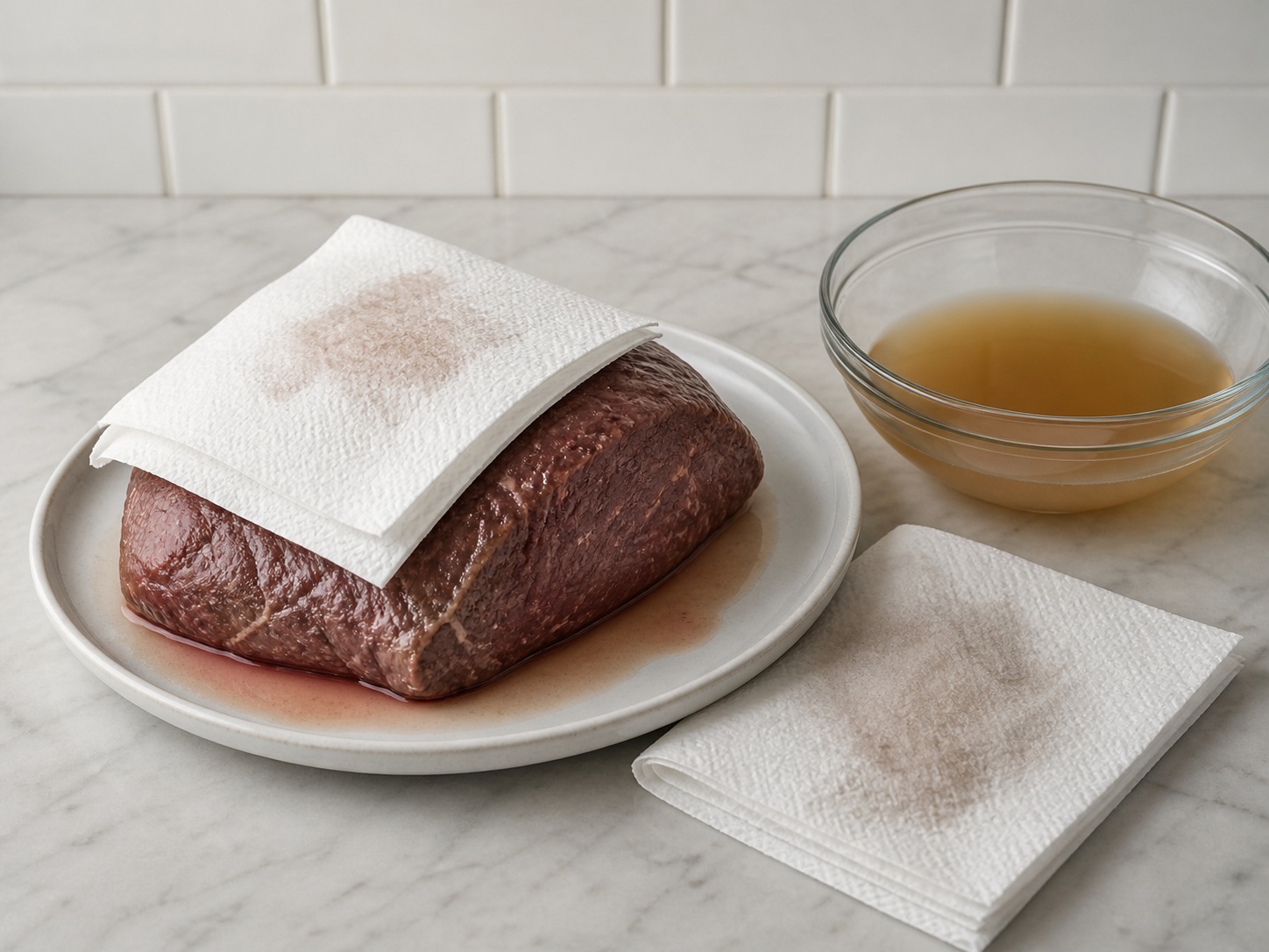 Drain and dry the beef: Drain and dry the beef. Use the listed ingredients and the appropriate household tool in order; confirm the food has reached the described state before continuing.