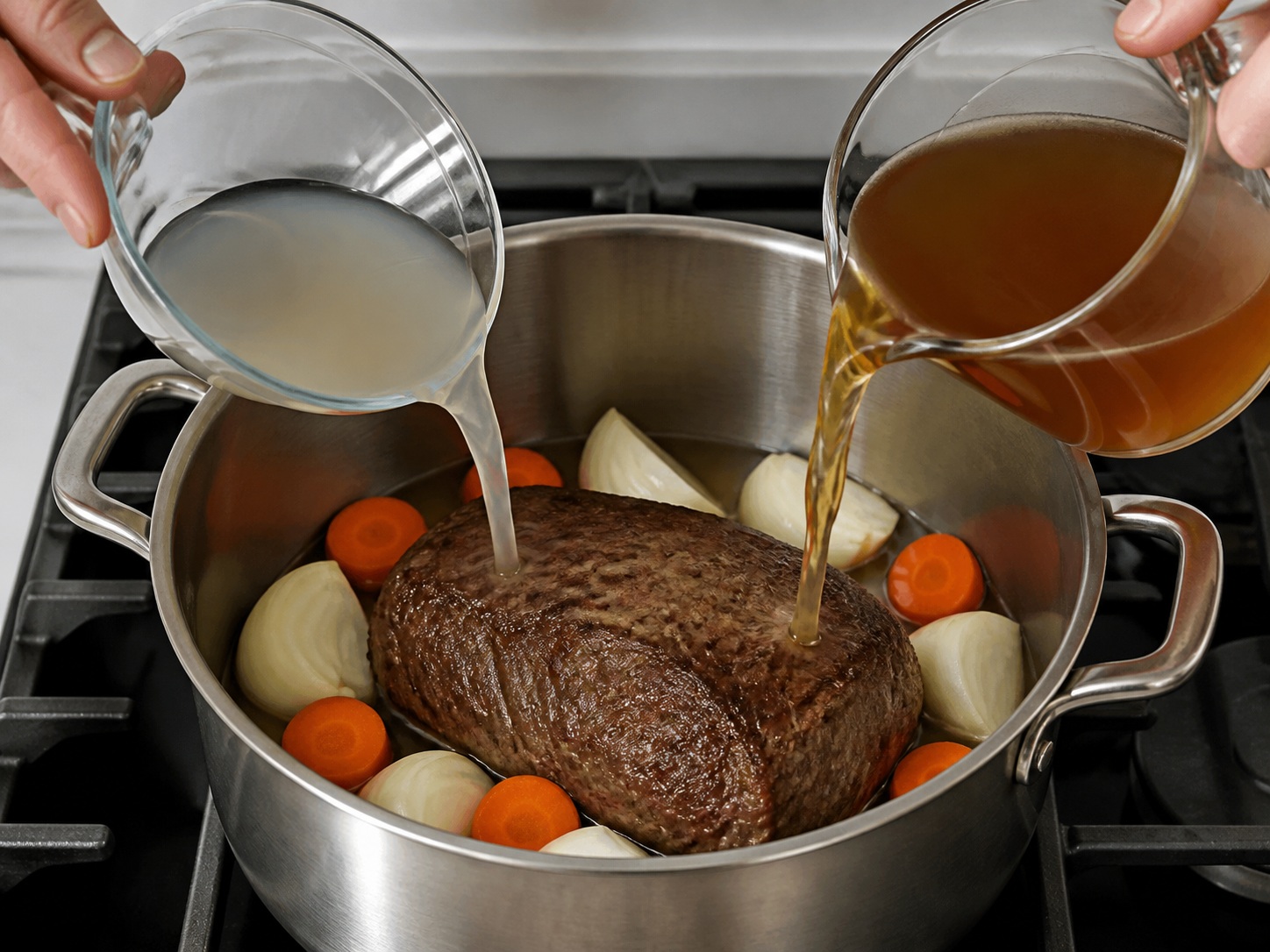 Add marinade, stock and vegetables: Add marinade, stock and vegetables. Use the listed ingredients and the appropriate household tool in order; confirm the food has reached the described state before continuing.