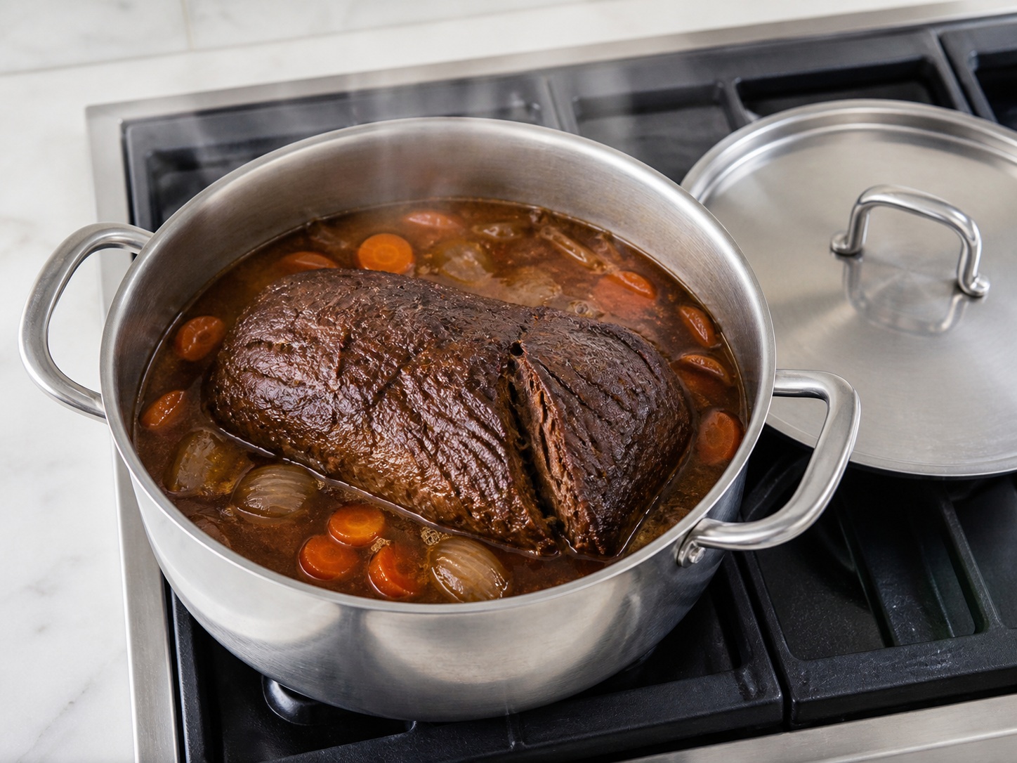 Braise beef until tender: Braise beef until tender. Use the listed ingredients and the appropriate household tool in order; confirm the food has reached the described state before continuing.