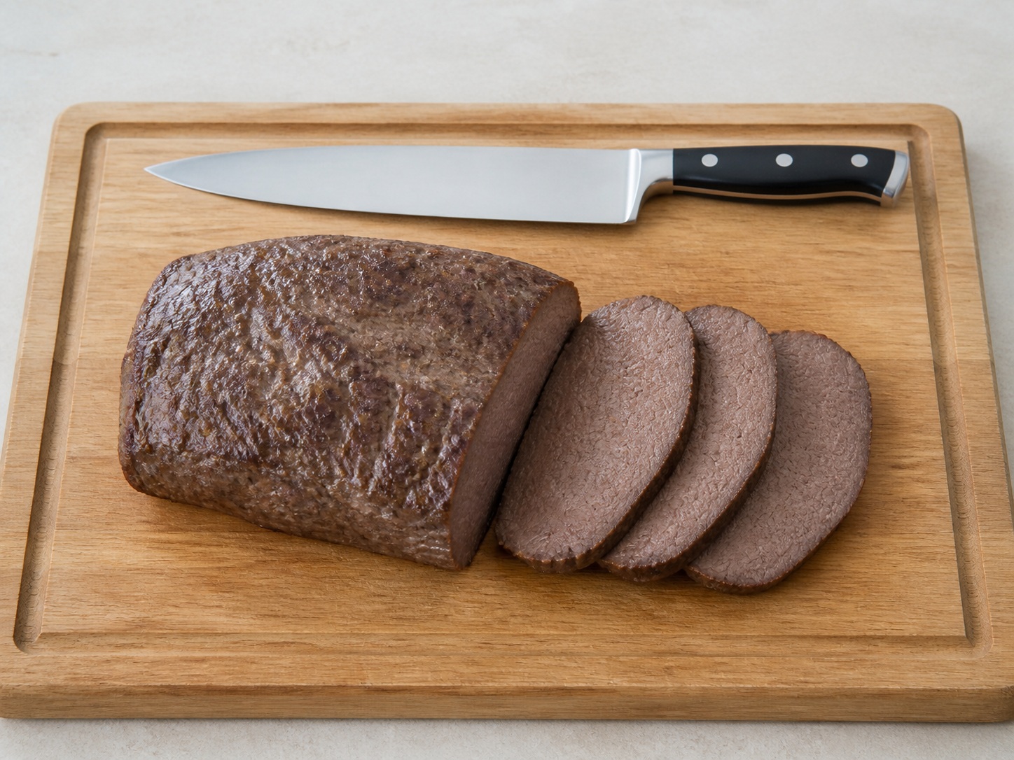 Rest and slice the beef: Rest and slice the beef. Use the listed ingredients and the appropriate household tool in order; confirm the food has reached the described state before continuing.