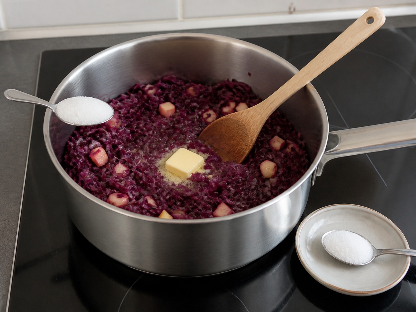 Cook cabbage with apple: Cook cabbage with apple. Use the listed ingredients and the appropriate household tool in order for about 38 minutes over medium-low heat; confirm the food has reached the described state before continuing.