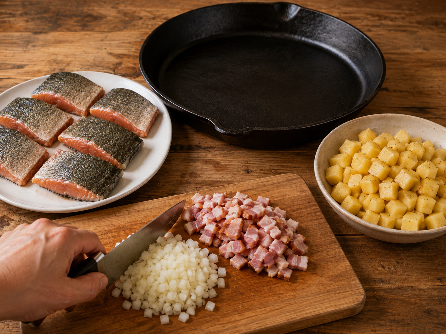 德式鱒魚煙肉薯仔鍋 — 煙肉和洋蔥切碎