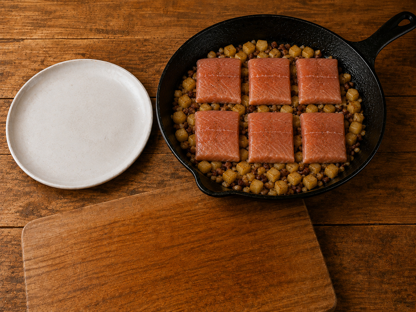 德式鱒魚煙肉薯仔鍋 — 鱒魚鋪在薯仔上煎第一面