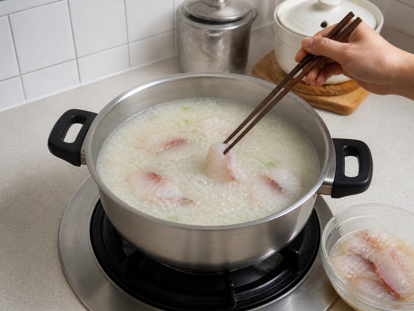 Ginger Fish Fillet Congee — step 10: Poach the fish slices