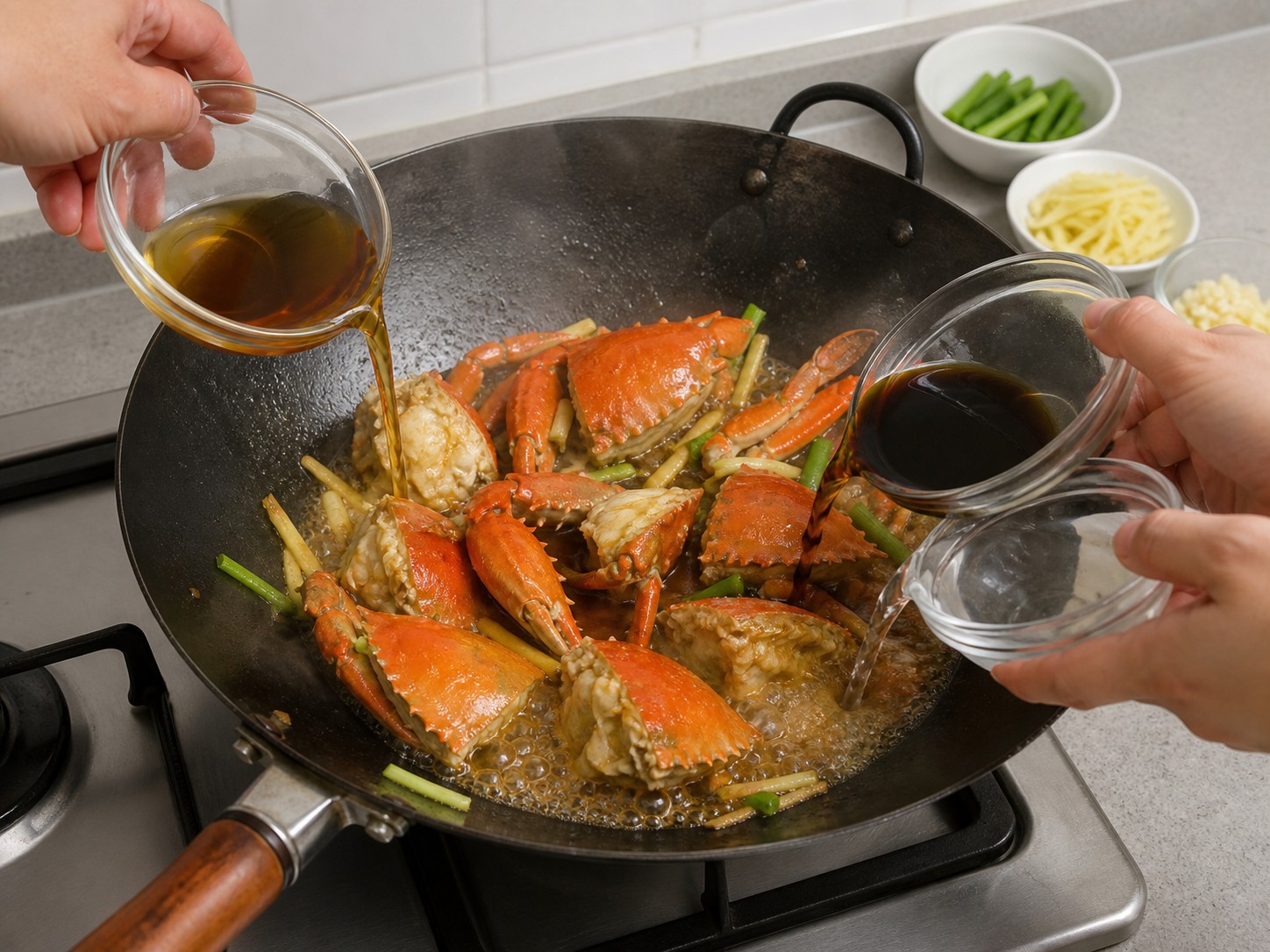 Kepiting Tumis Jahe dan Daun Bawang — Tambahkan arak dan saus