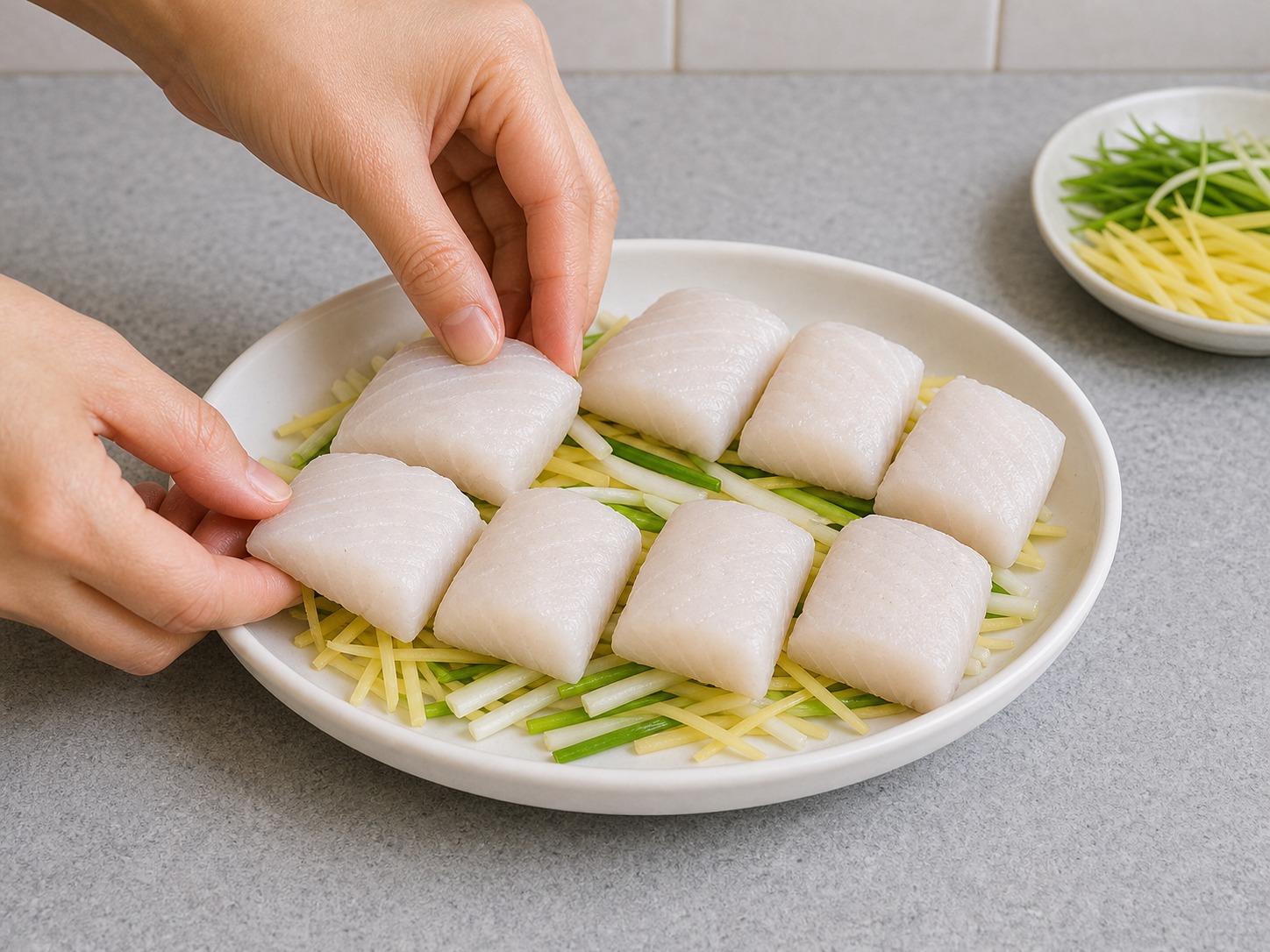 薑蔥蒸魚柳:蒸碟墊薑蔥