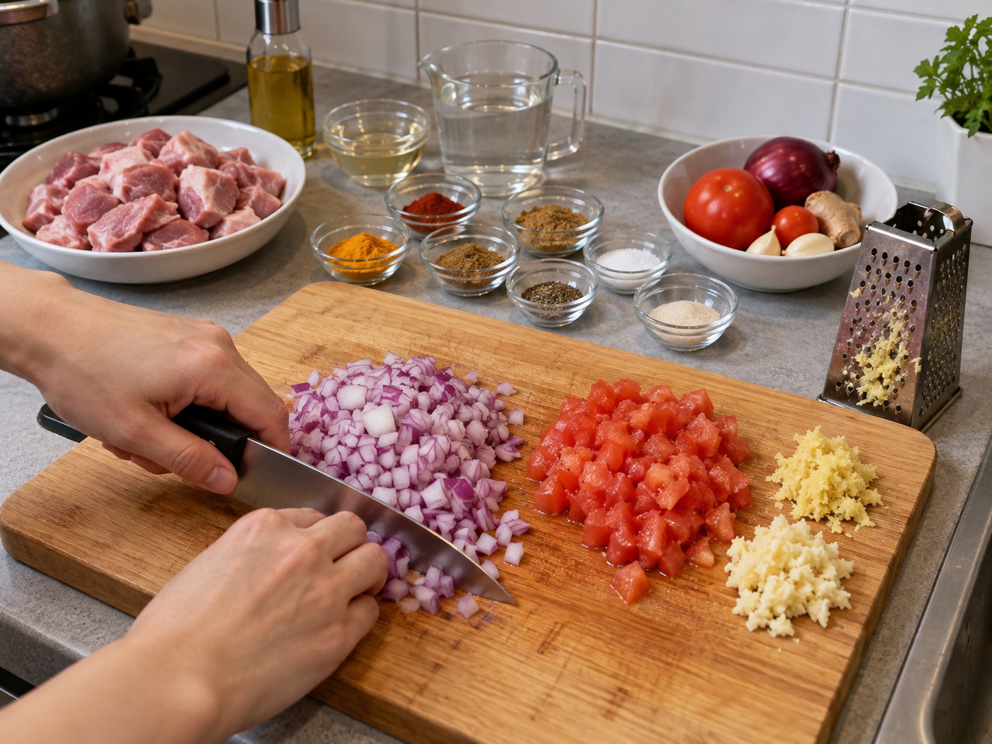 Vindaloo Babi Goa — Cincang halus bawang dan tomat; parut jahe dan bawang putih