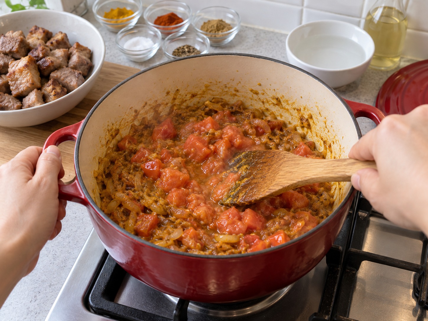 Vindaloo Babi Goa — Tambahkan tomat dan masak lima menit sambil ditekan hingga lunak