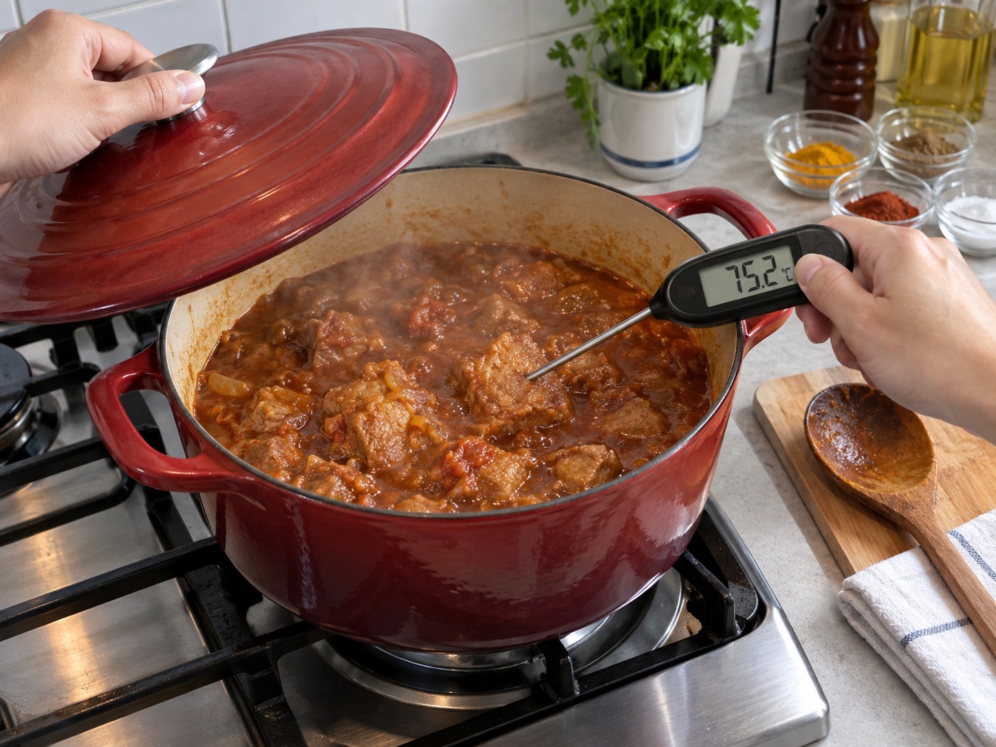 Vindaloo Babi Goa — Tutup dan masak perlahan enam puluh menit, aduk di tengah, hingga babi sedikitnya 75°C dan mulai empuk