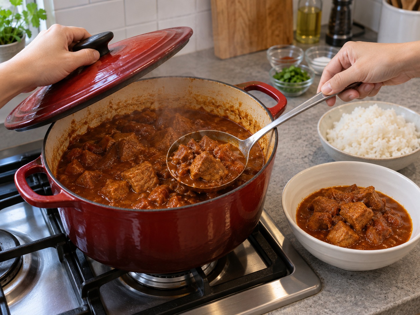 Vindaloo Babi Goa — Buka tutup dan masak sepuluh menit hingga kental; cicipi lalu sajikan