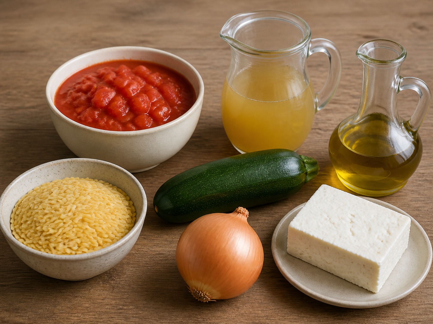 All measured ingredients for Greek Baked Tomato and Feta Orzo, separated in the recipe quantities before cooking.