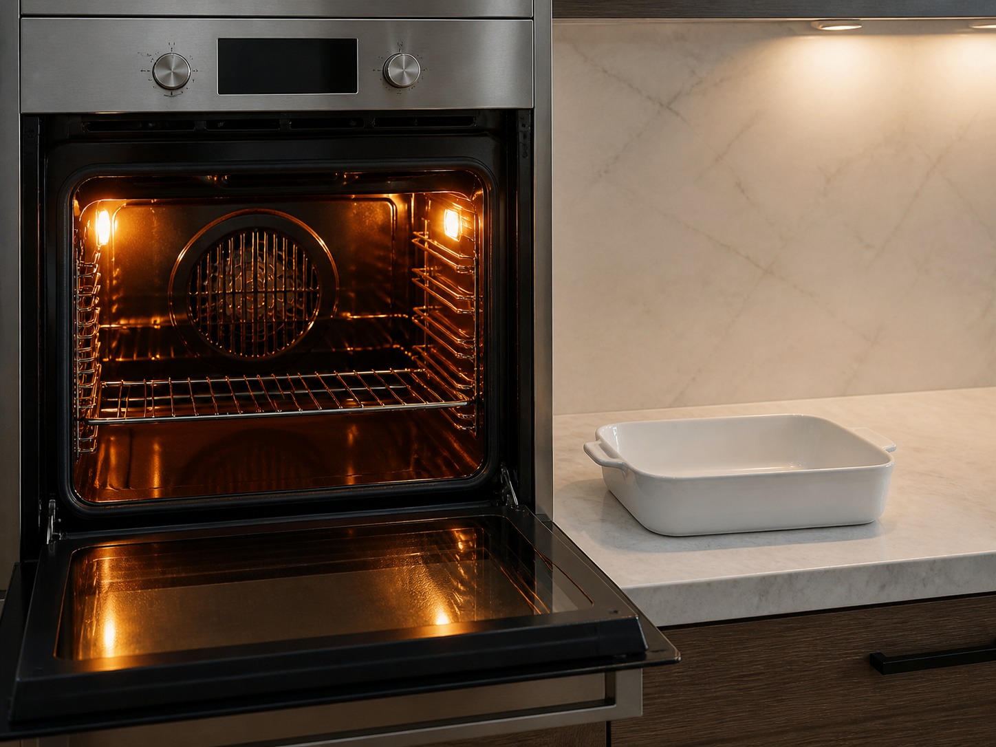 Greek Baked Tomato and Feta Orzo, step 1, Heat the oven to 190°C: Set the oven to 190°C with a rack in the centre and keep a medium baking dish ready beside the stove.