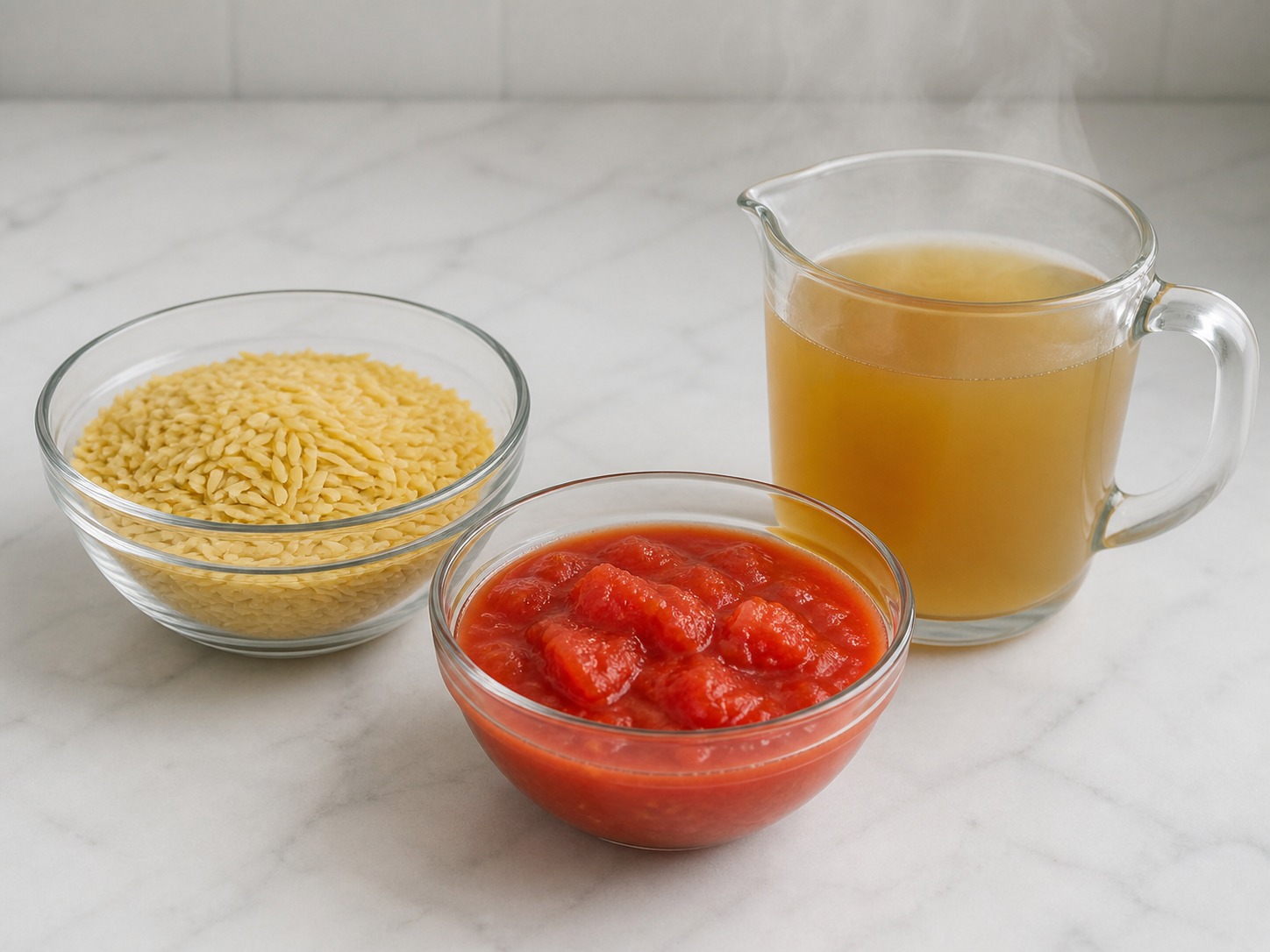 Greek Baked Tomato and Feta Orzo, step 3, Measure the orzo, tomato and hot stock: Measure all 350 g dry orzo, 400 g chopped tomatoes and 700 ml hot vegetable stock separately before cooking.