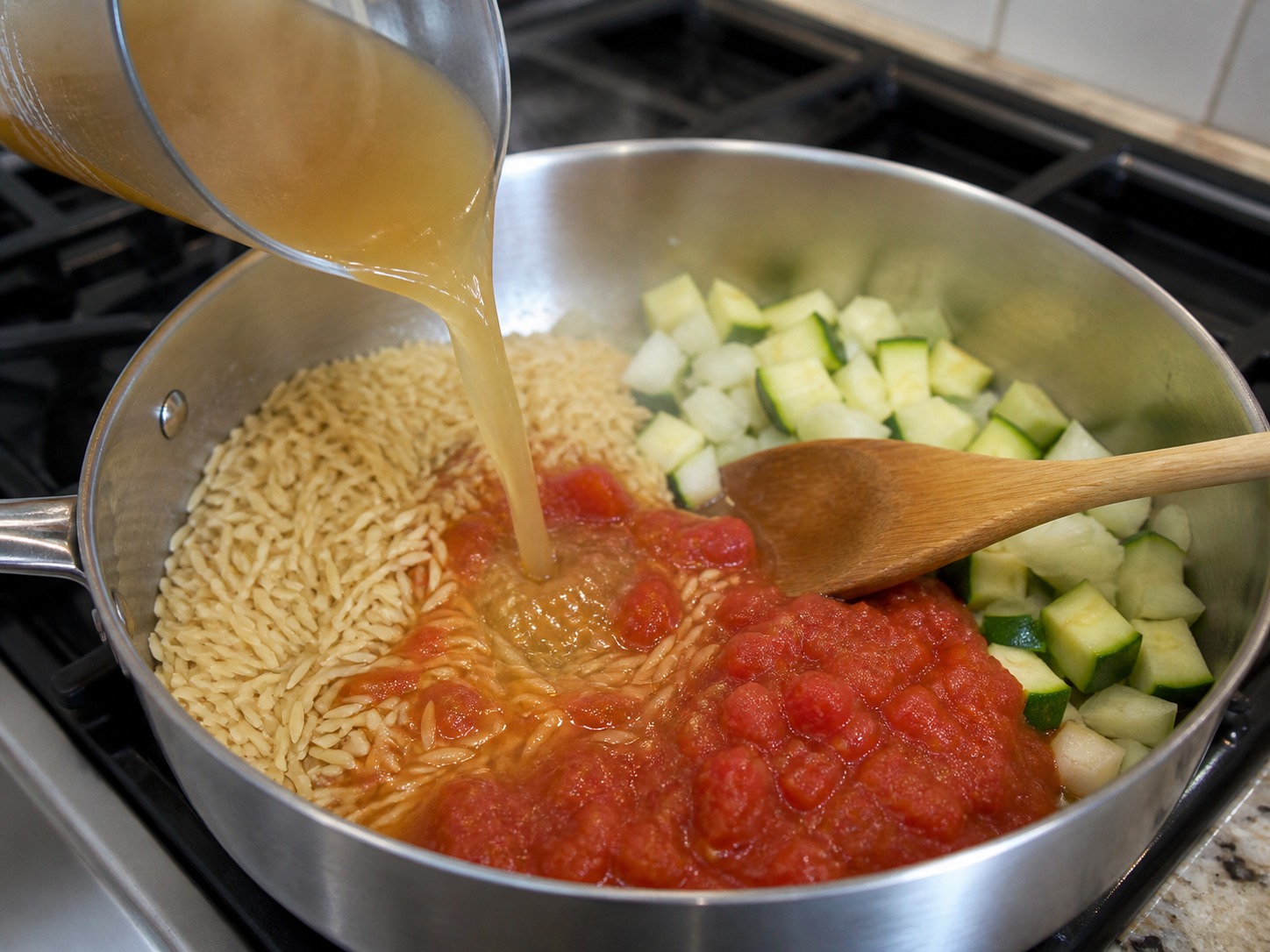 Greek Baked Tomato and Feta Orzo, step 8, Add the hot stock: Pour in all 700 ml hot vegetable stock and stir once from the bottom so no dry orzo remains stuck beneath the sauce.