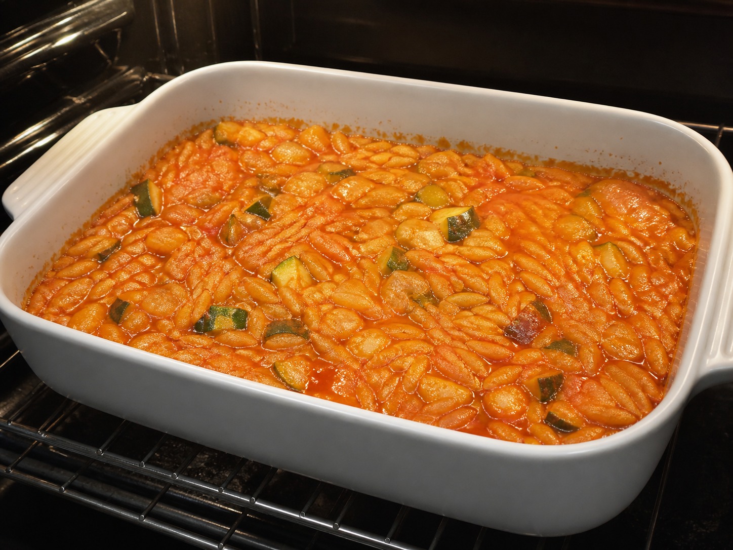 Greek Baked Tomato and Feta Orzo, step 10, Bake until the orzo is almost tender: Bake uncovered at 190°C for 20 minutes, then taste one piece; it should be nearly tender with a faint firm centre and most stock absorbed.