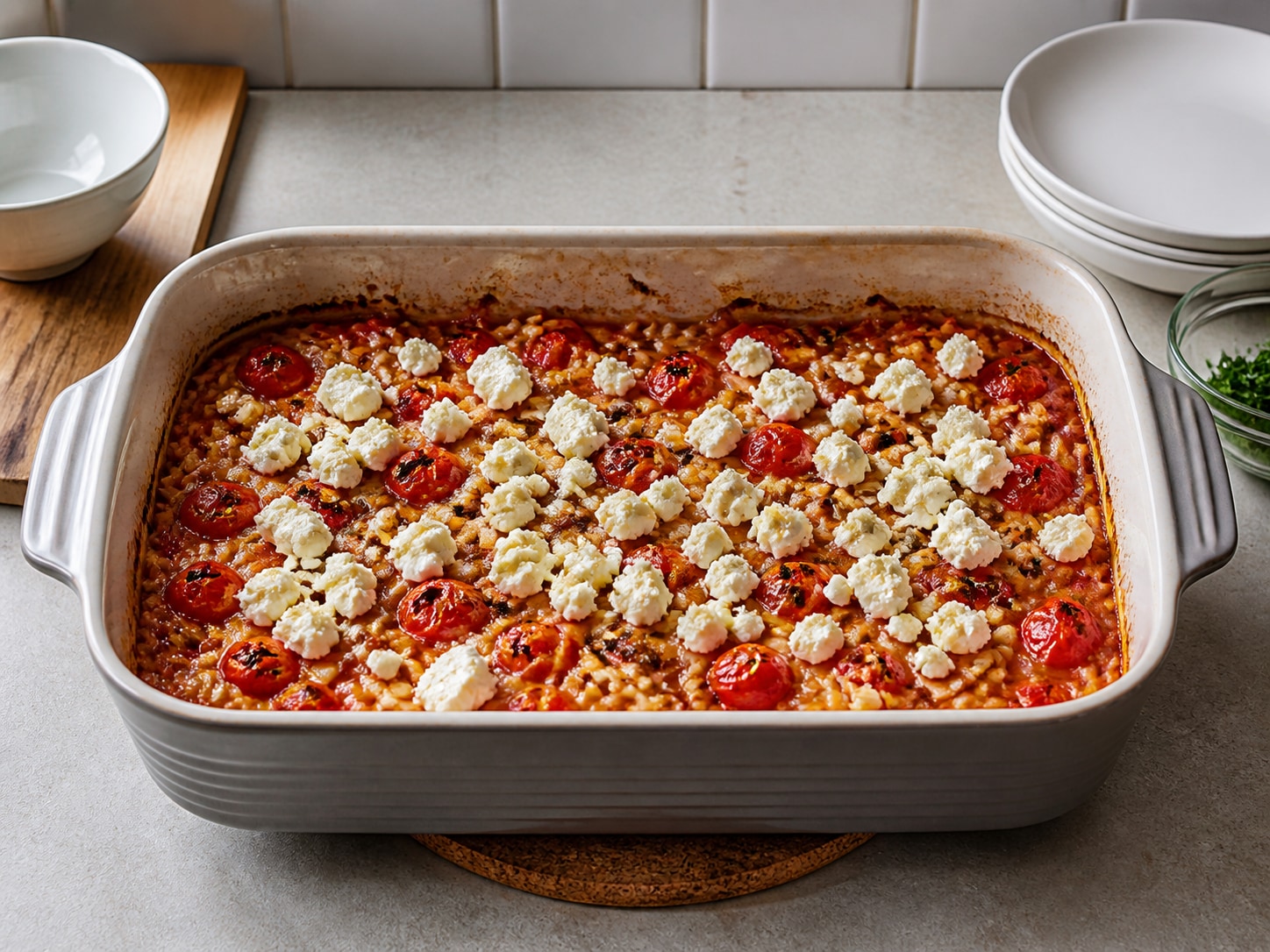 Greek Baked Tomato and Feta Orzo, step 11, Add feta and finish baking: Crumble all 180 g feta evenly over the surface and bake for 5 more minutes at 190°C until the edges bubble and the feta softens without drying.