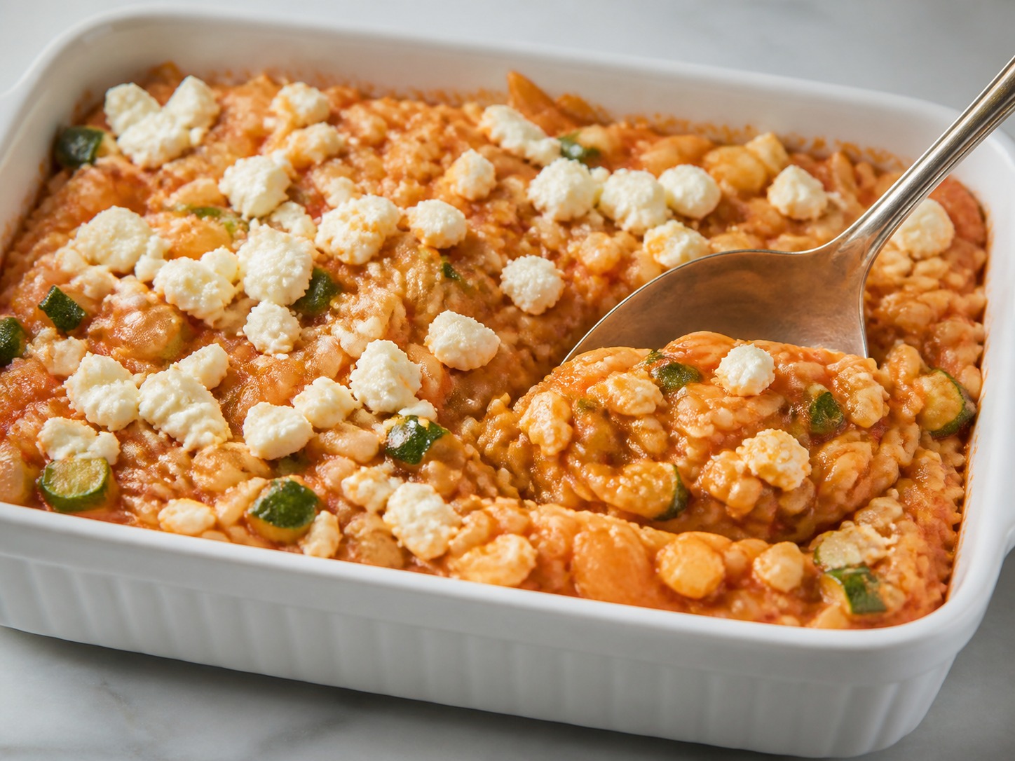 Greek Baked Tomato and Feta Orzo, step 12, Rest before serving: Remove the dish and rest uncovered for 5 minutes so the remaining liquid settles, then spoon equal portions into 4 bowls.