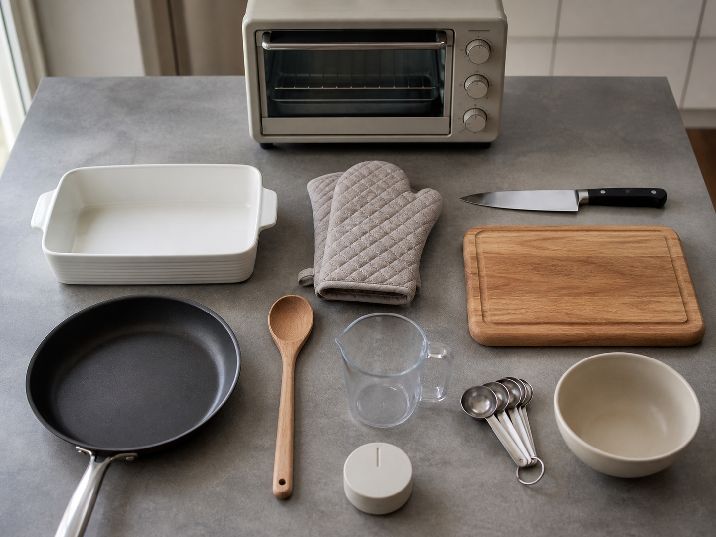 Tools required for Greek Baked Tomato and Feta Orzo: oven, baking dish, oven mitts, knife, cutting board, frying pan, wooden spoon, measuring cup, measuring spoons, serving bowl, timer, all clean, empty and separately visible.