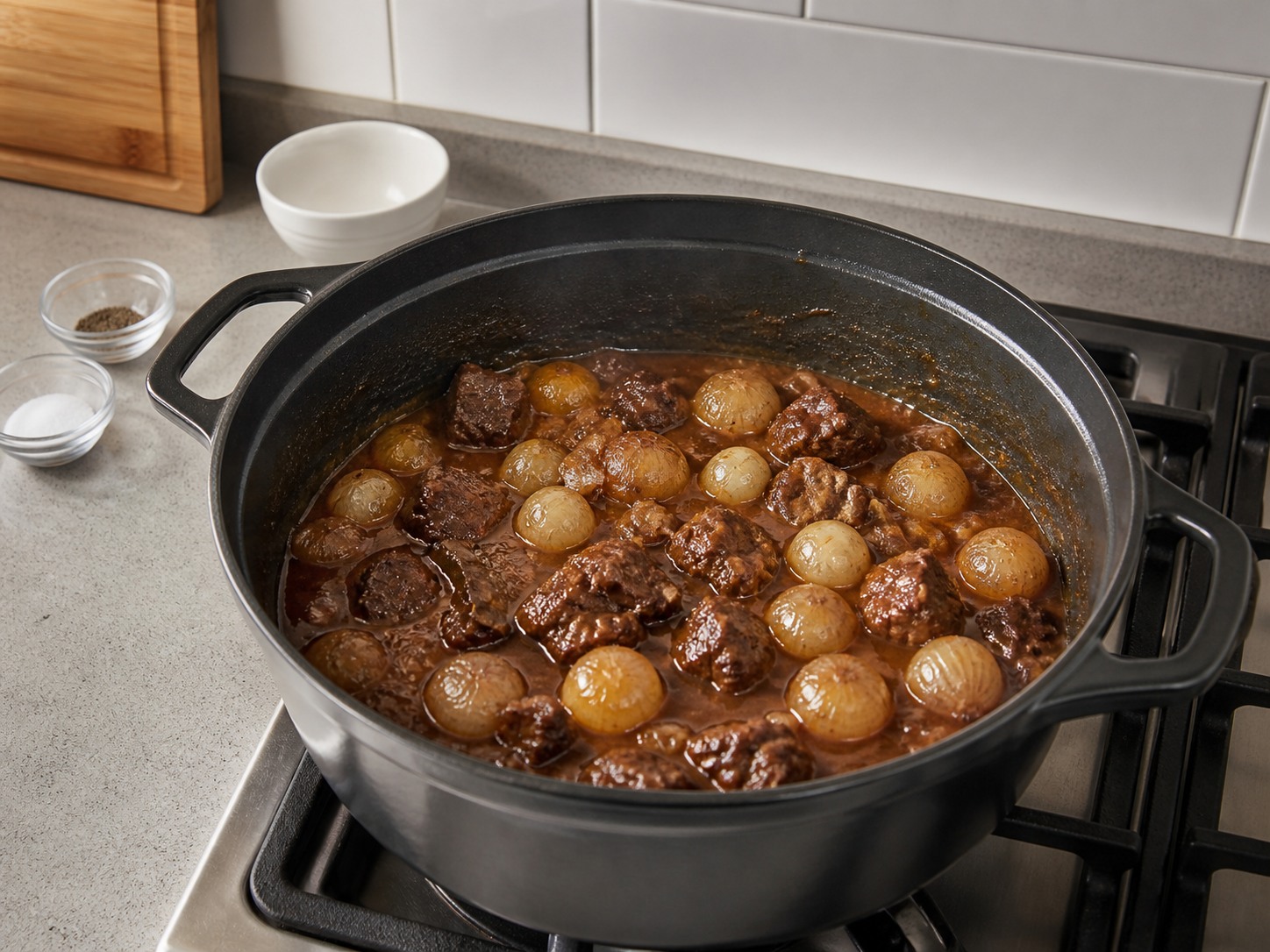 Stifado Daging Sapi Yunani dengan Bawang Kecil — Selesaikan tanpa tutup