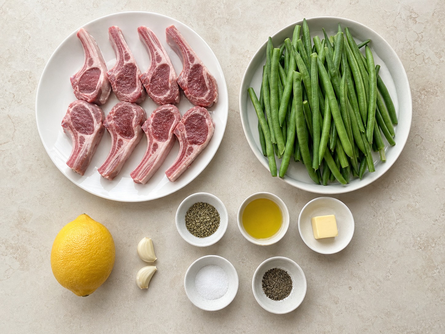 Griyegong Lamb Chop na may Limon, Oregano at Green Beans — lahat ng sangkap na nakahiwalay
