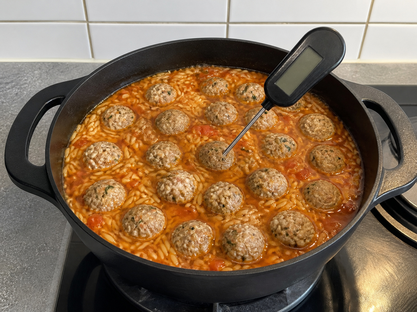 Greek Lamb Meatball and Orzo Soup — Check doneness