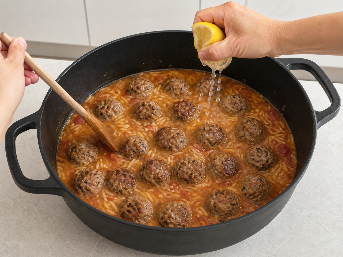 Greek Lamb Meatball and Orzo Soup — Add lemon