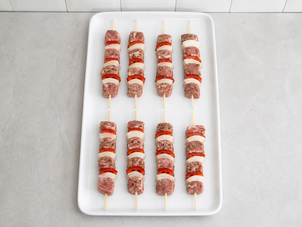 Griyegong Tuhog na Baboy na may Lemon at Oregano — Bumuo ng walong skewers