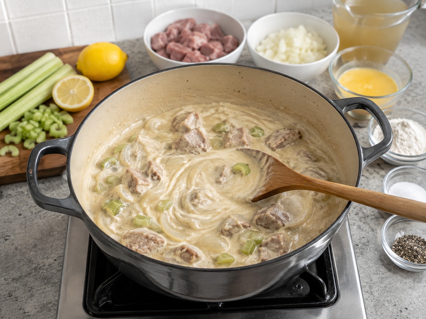 Semur Babi Seledri Lemon Yunani — Goyang perlahan hingga saus lembut