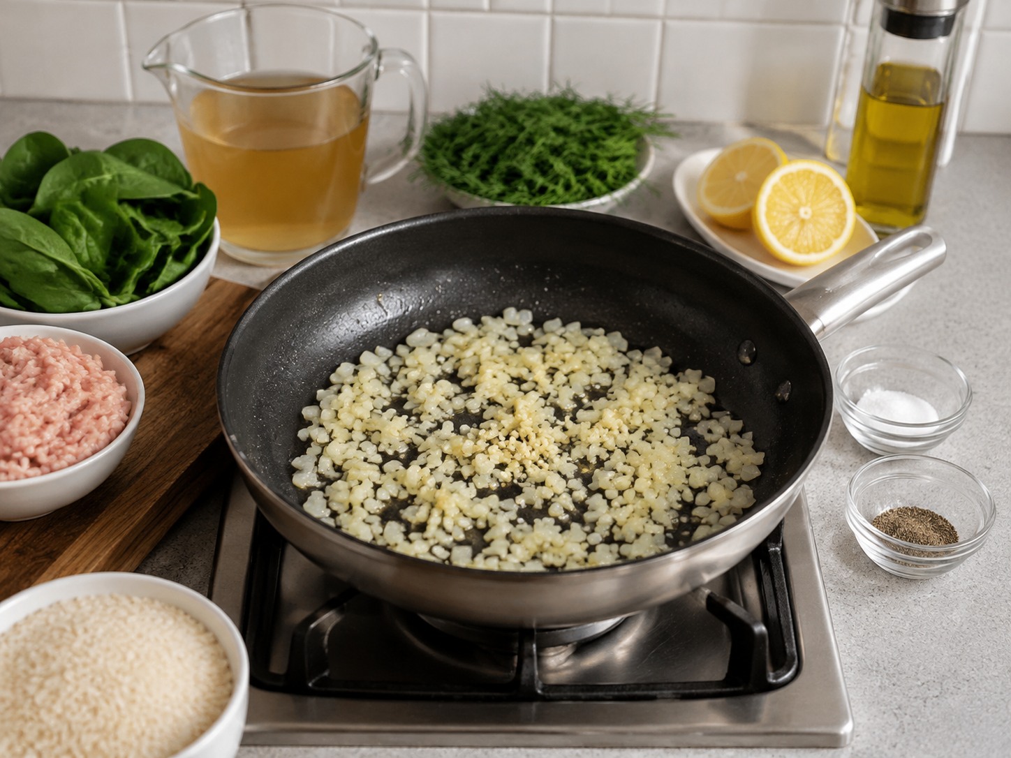 Greek Turkey, Spinach at Dill Rice — Palambutin ang sibuyas at bawang