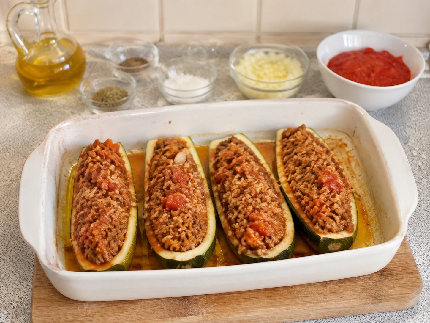 Greek Zucchini Beef Boats — finished dish
