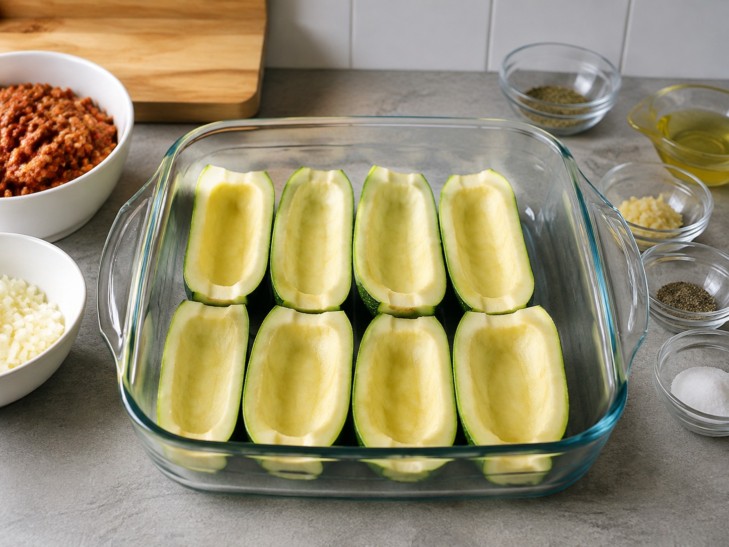 Greek Zucchini Beef Boats — Ayusin ang balat ng zucchini sa baking dish
