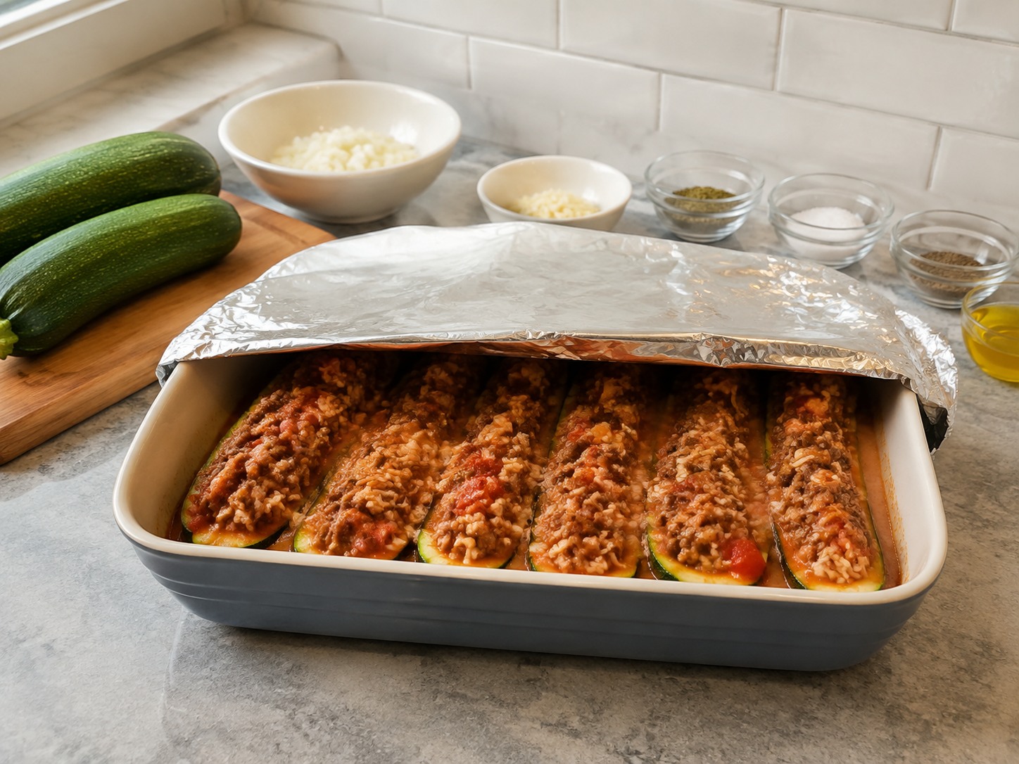 Greek Zucchini Beef Boats — Takpan at ihurno hanggang malambot ang zucchini