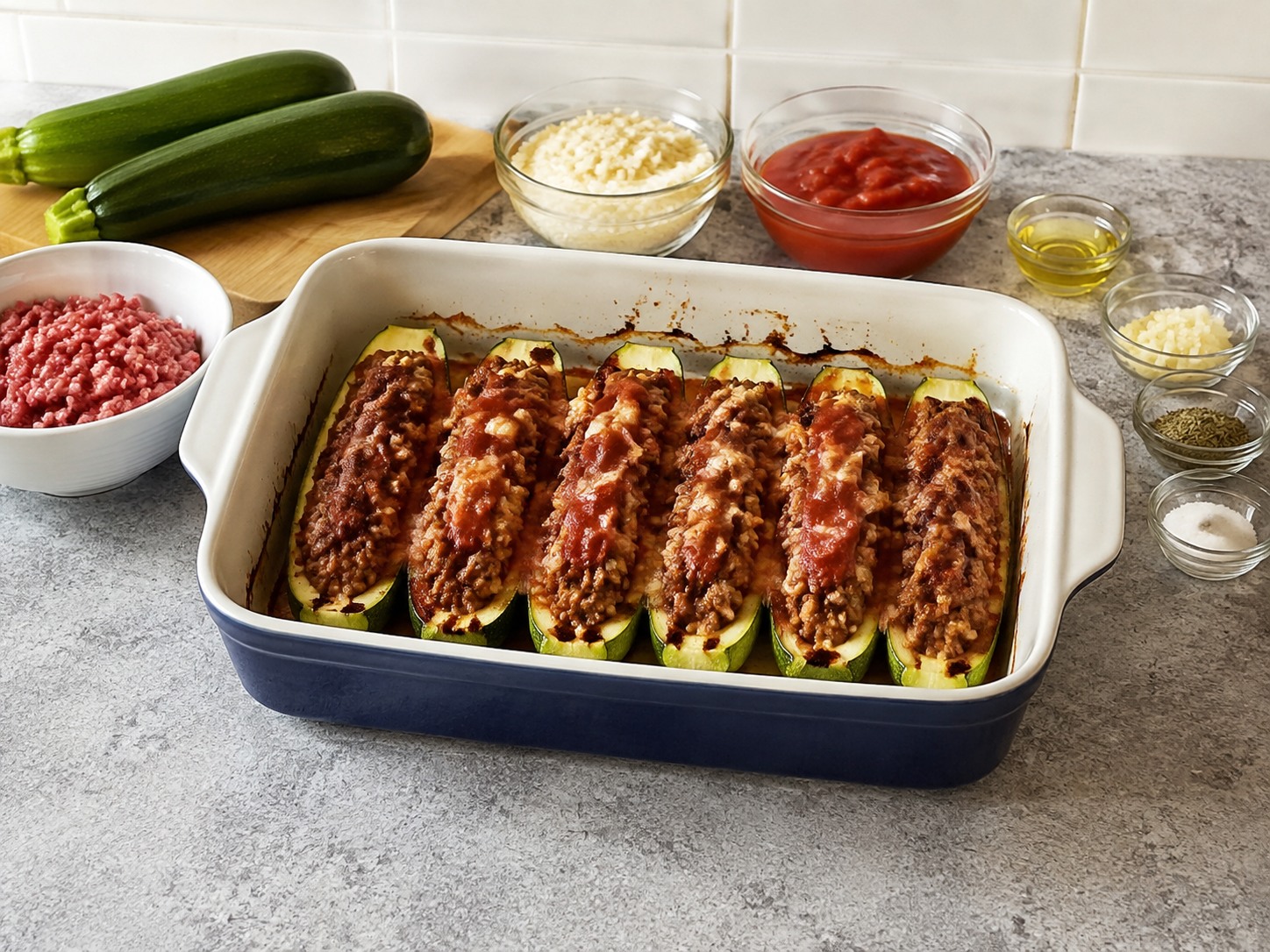 Greek Zucchini Beef Boats — Alisin ang takip at ihurno hanggang bahagyang kayumanggi