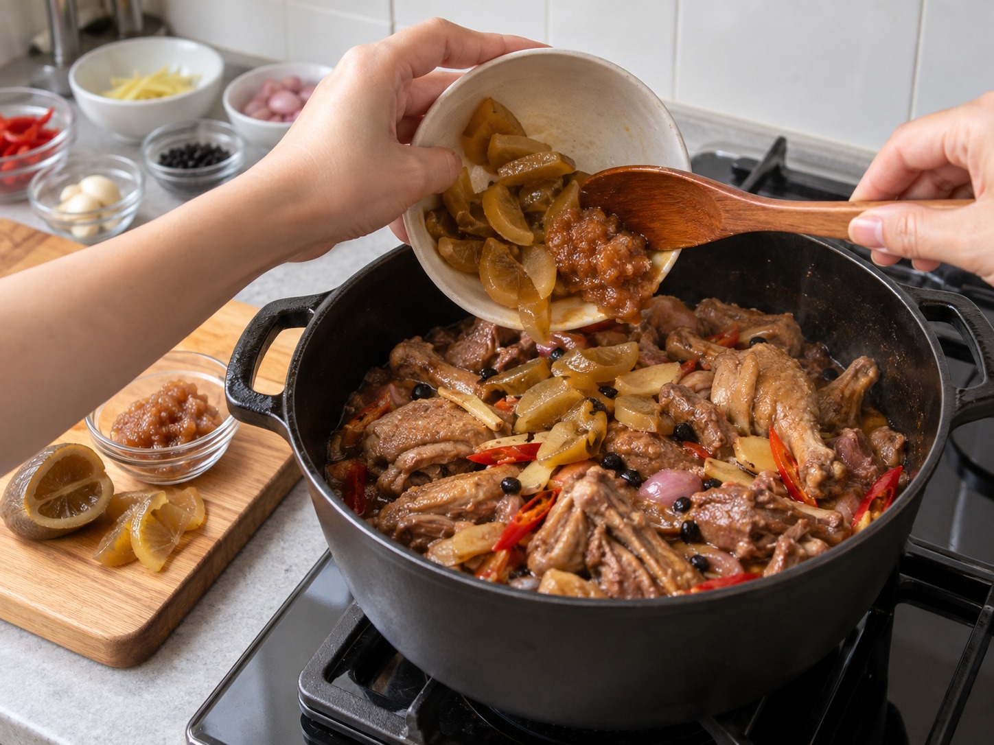 Bebek Lemon Guangxi — Masukkan lemon asin tanpa biji dan pasta wampee terakhir lalu aduk perlahan