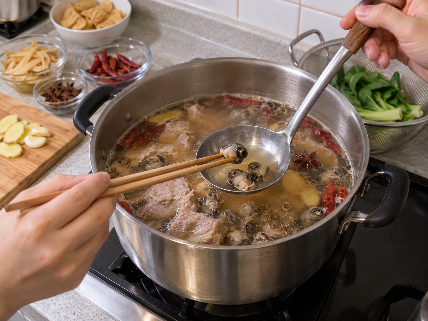 廣西柳州螺螄粉 — 確認螺肉熟透而不帶生腥味